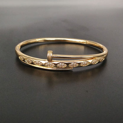 High Version V Gold Classic Full Rhinestone Stud Bracelet with Diamond-Encrusted Ends, Thick 18K Rose Gold Plated, Luxury Couple Bracelet