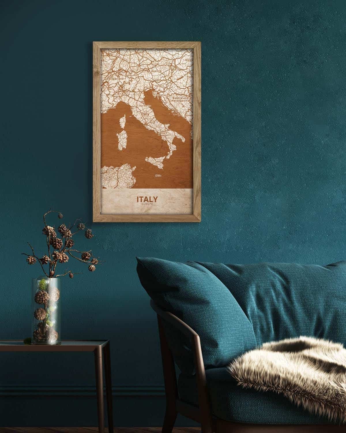 Wooden Map of Italy, Country Map in oak frame